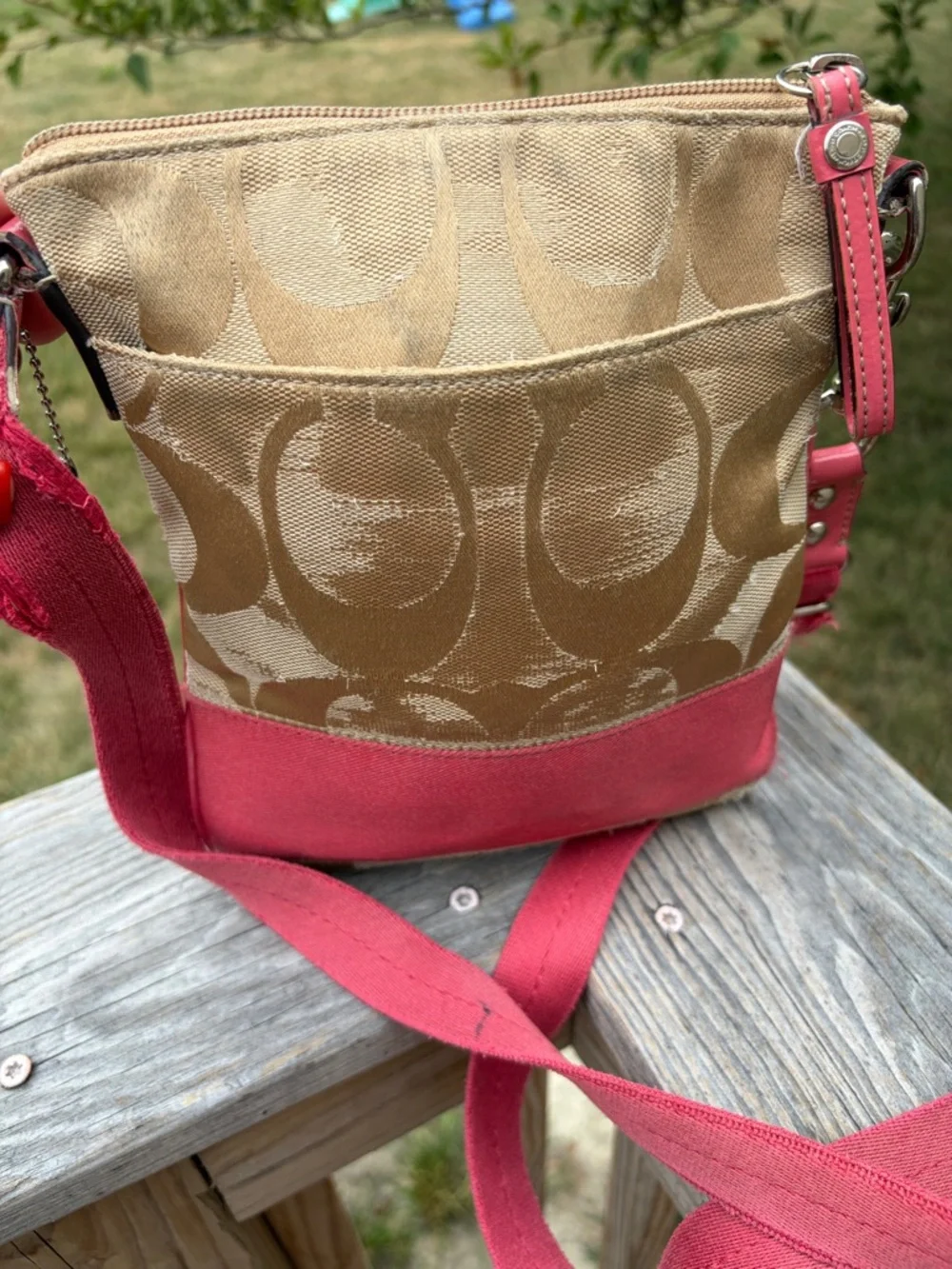 Coach Beige Signature Canvas Crossbody with Pink and patent leather accents